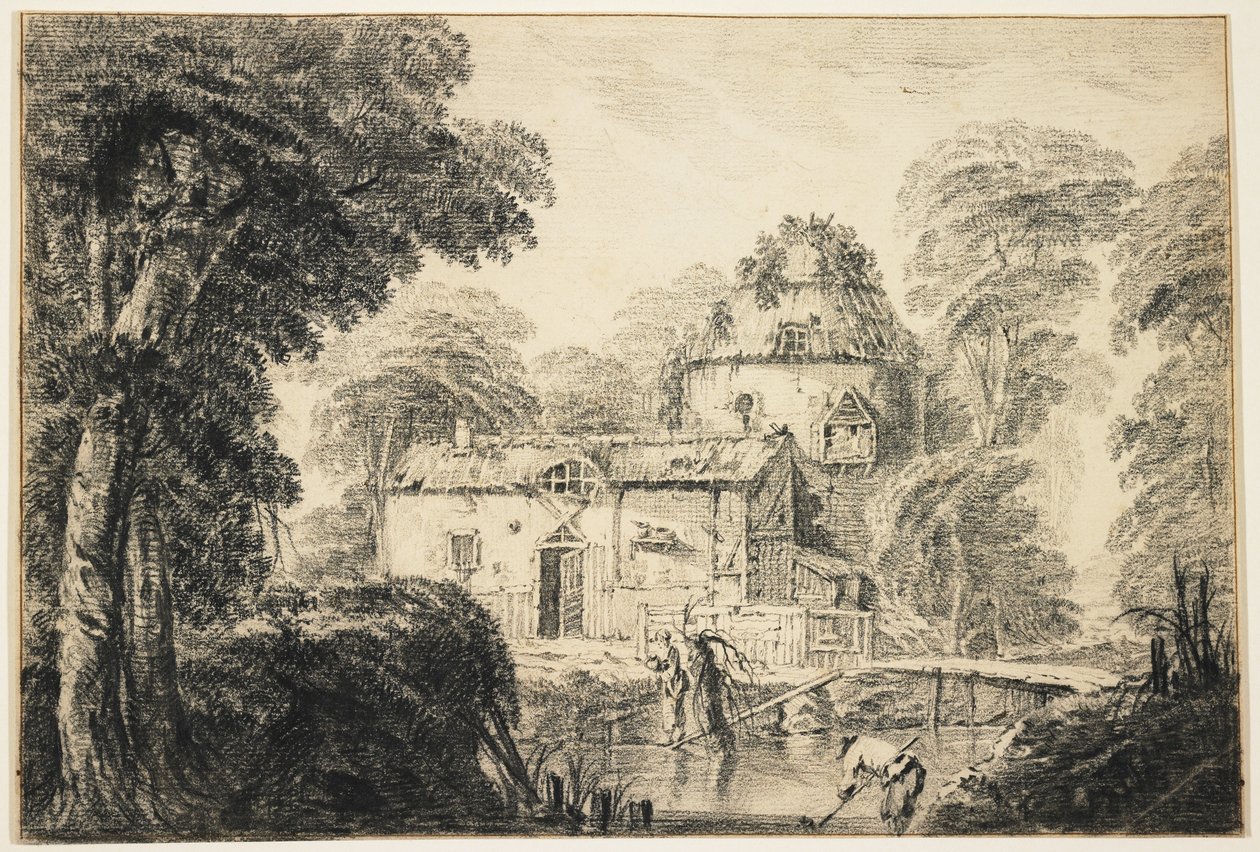 Landskap med hytte og bønder, ca. 1770 (svart kritt på kremfarget papir) av Jean Baptiste Pillement