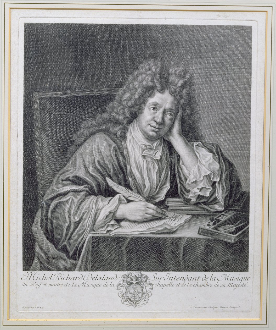 Portrett av Michel Richard Delalande (1657-1726), Superintendant of Music, gravert av Simon Thomassin (1655-1733) av Jean Baptiste Santerre