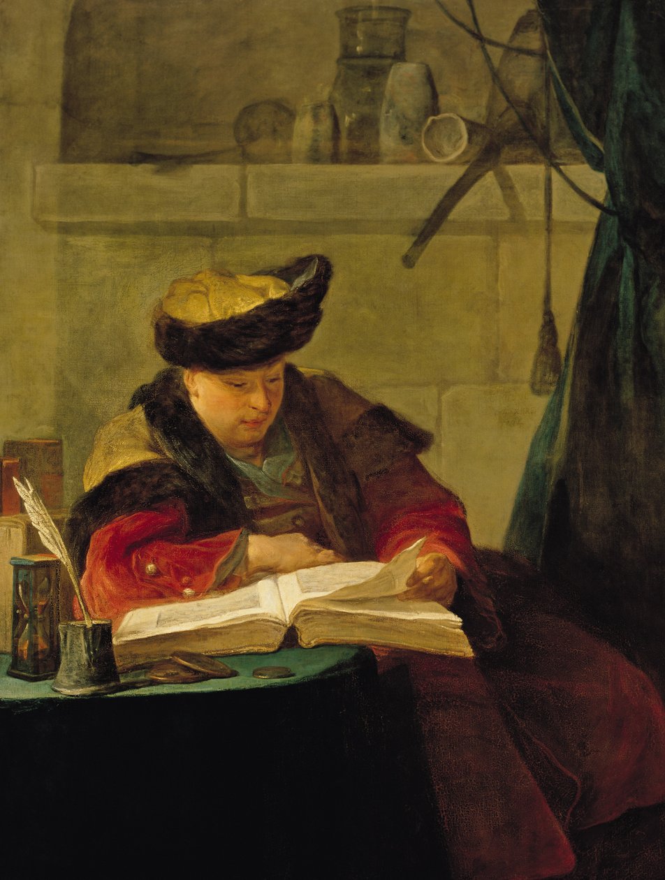 En kjemiker i sitt laboratorium, eller Suffløren, eller en filosof som holder et foredrag (Portrett av maleren Joseph Aved (1702-66), 1734 av Jean Baptiste Simeon Chardin