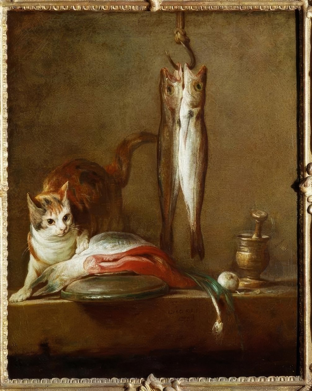 Katt med lakseskive, to makreller, morter og pi av Jean Baptiste Simeon Chardin