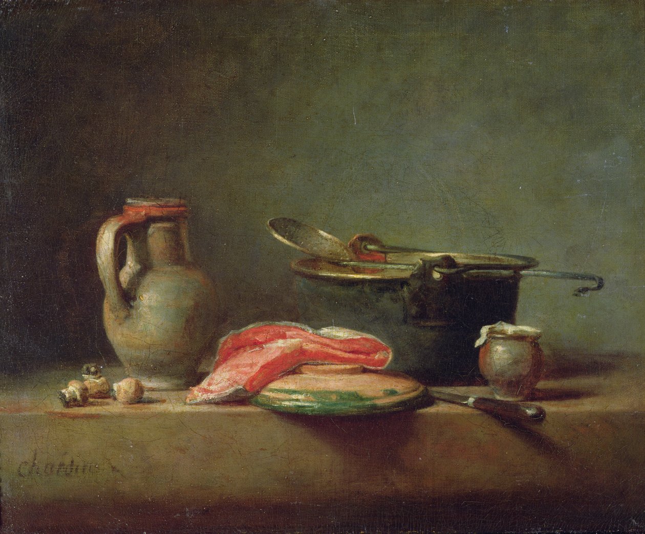 Kobberkjele med en mugge og en lakseskive (olje) av Jean Baptiste Simeon Chardin