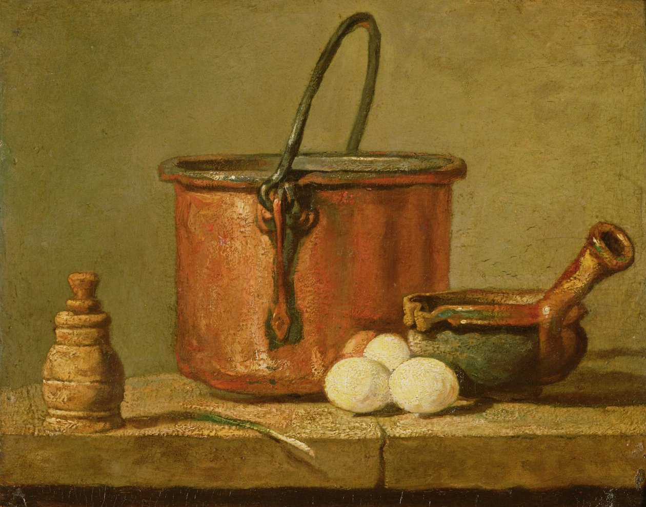 Stilleben av kjøkkenutstyr, gryte, stekepanne og egg av Jean Baptiste Simeon Chardin