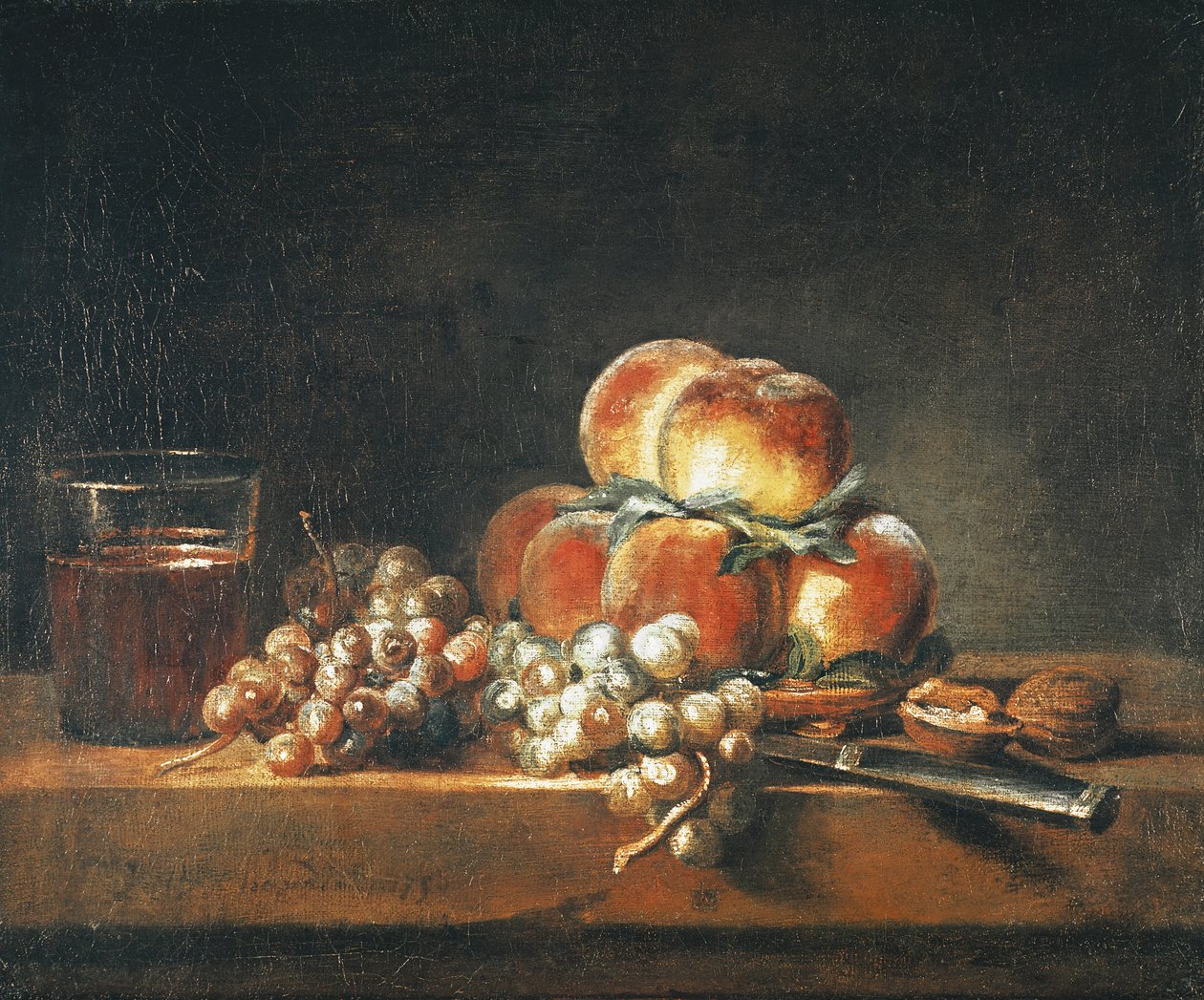 Stilleben av fersken, nøtter, druer og et glass vin, 1758 av Jean Baptiste Simeon Chardin