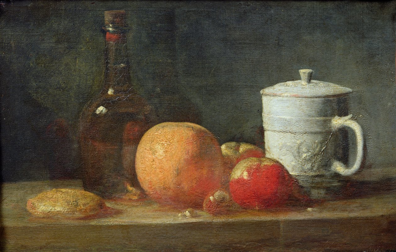 Stilleben med frukt og vinflaske av Jean Baptiste Simeon Chardin