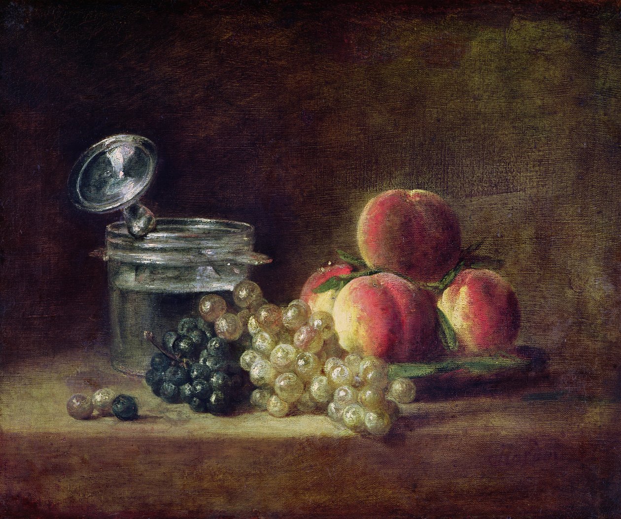 Stilleben med en kurv med fersken, hvite og svarte druer med kjøler og vinglass, ca. 1759 av Jean Baptiste Simeon Chardin