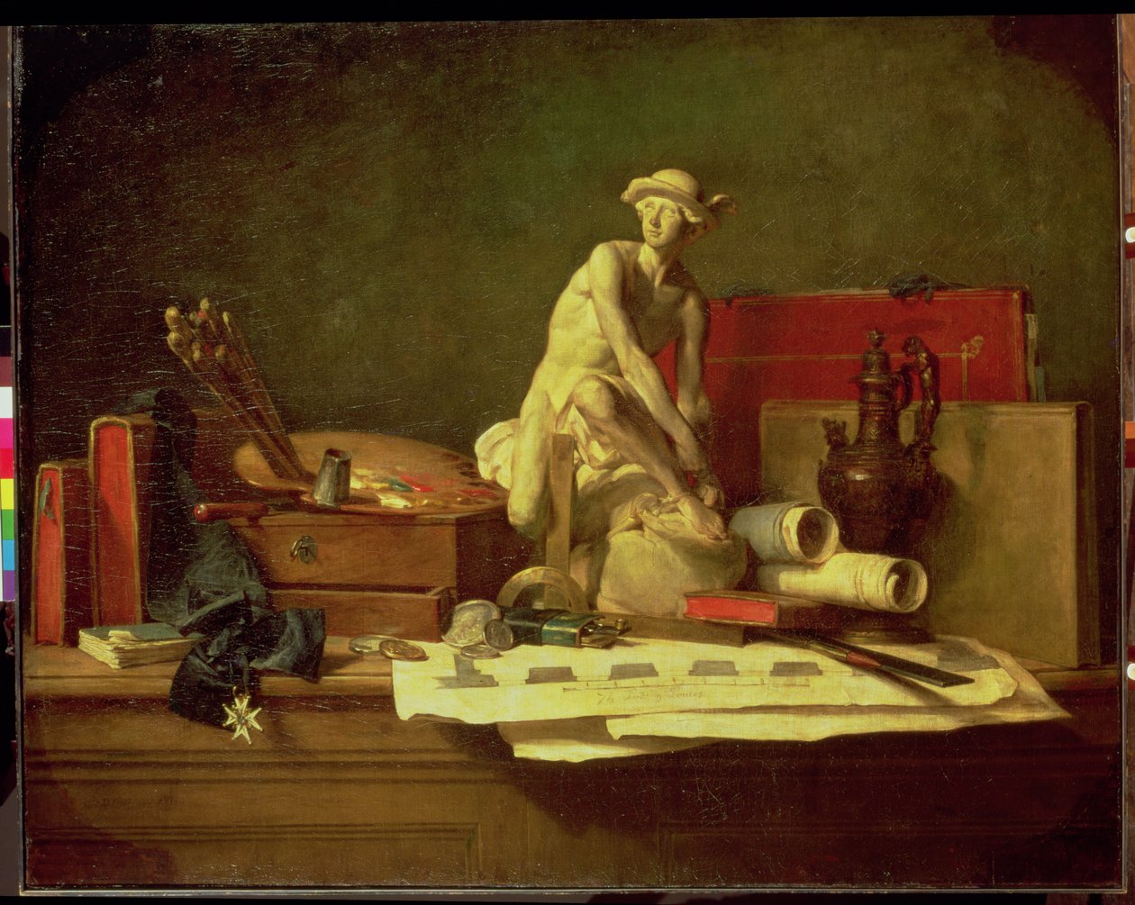 Stilleben med kunstens attributter, 1766 av Jean Baptiste Simeon Chardin