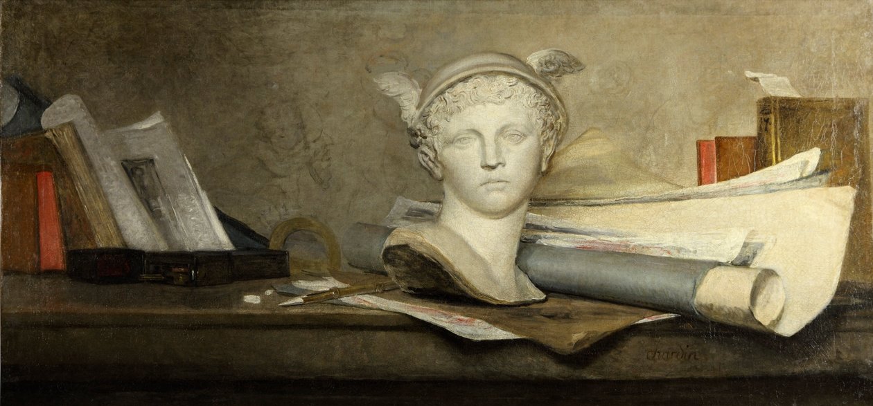 Stilleben med attributter av kunsten av Jean Baptiste Simeon Chardin