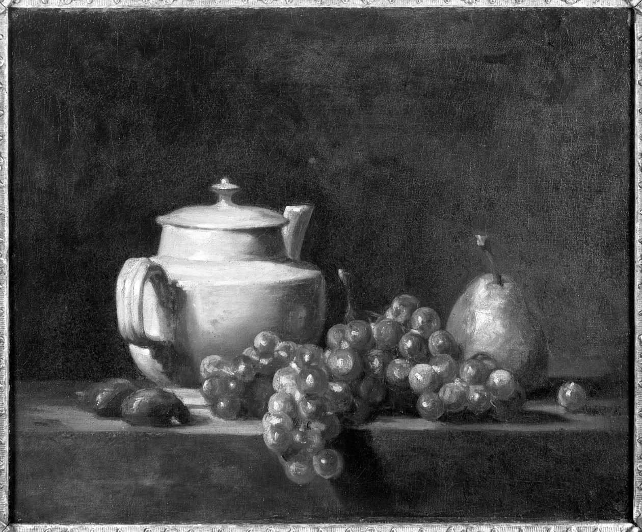 Hvit tekanne med to kastanjer, hvite druer og en pære av Jean Baptiste Simeon Chardin