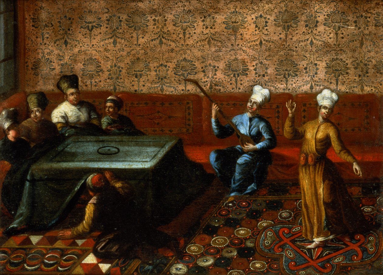 Figurer samlet rundt en Kursi med en musiker og en danser som opptrer foran dem av Jean Baptiste Vanmour