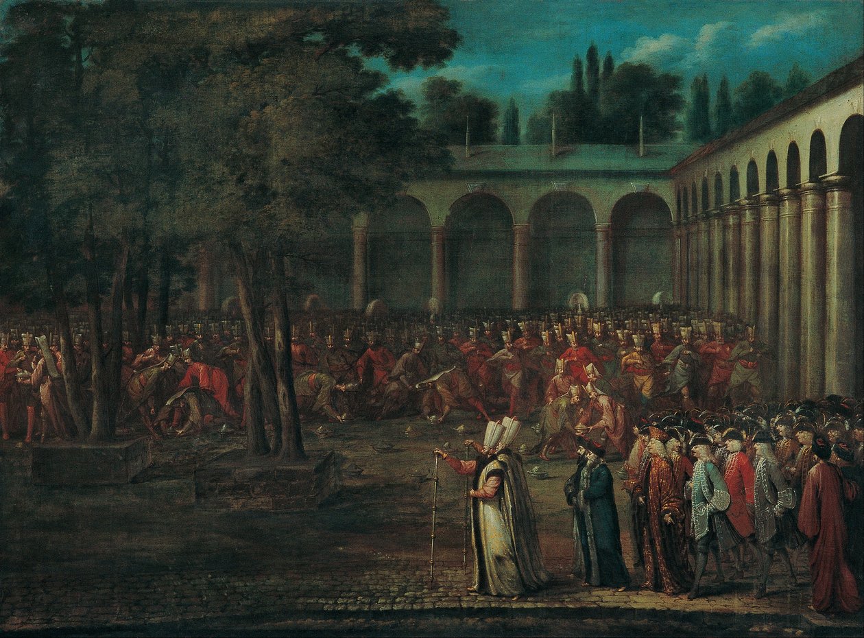 Ambassadørdelegasjonen som går gjennom den andre gårdsplassen til Topkapi -palasset av Jean Baptiste Vanmour