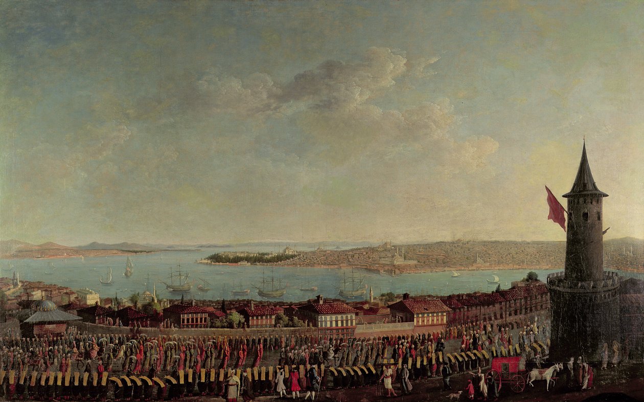 Utsikt over Konstantinopel med en prosesjon av janitsjarer som passerer Galata-tårnet av Jean Baptiste Vanmour