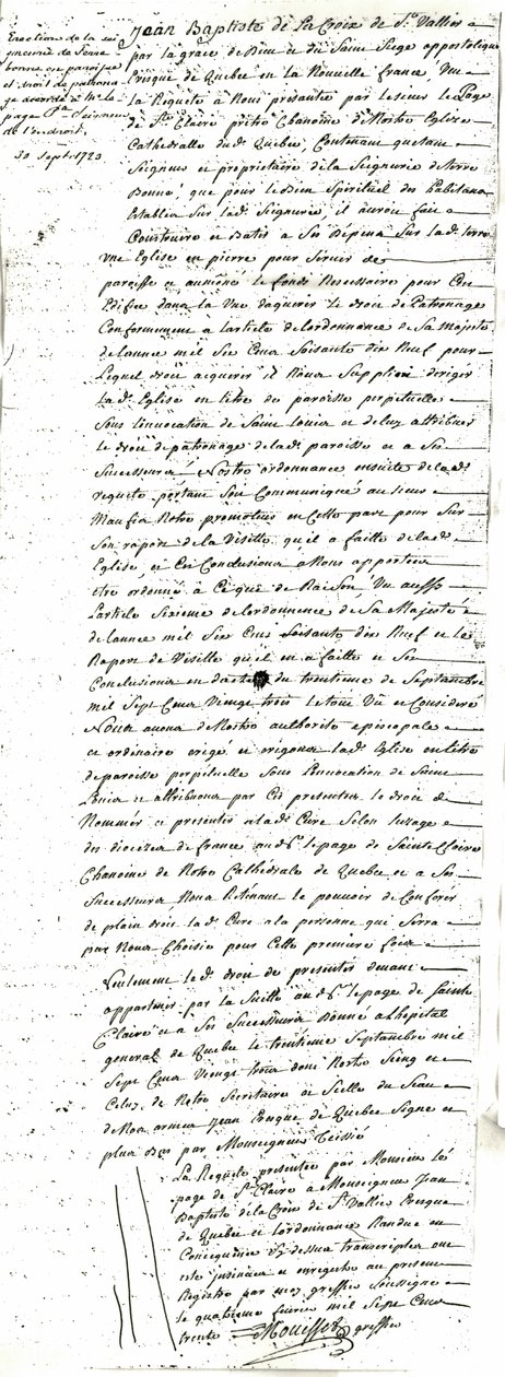 Dekret om etablering av prestegjeldet Saint-Louis-de-France de Terrebonne av Jean Baptiste de La Croix