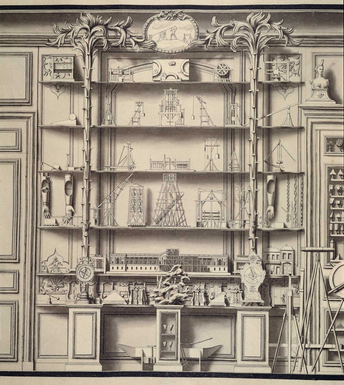 Modeller av Les Forces Movvantes, fra Bonnier de la Mossons Cabinet de Physique (penn og blekk og vask på papir) av Jean Baptiste, the Younger Courtonne