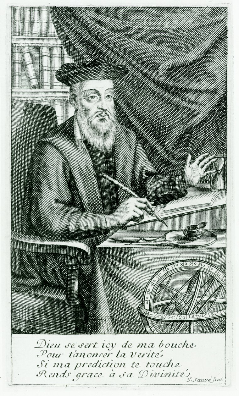 Michel de Nostredame (Nostradamus) (1503-66) Skriver sine profetier, gravert av Jean Sauve (fl.1660-91) av Jean Boulanger
