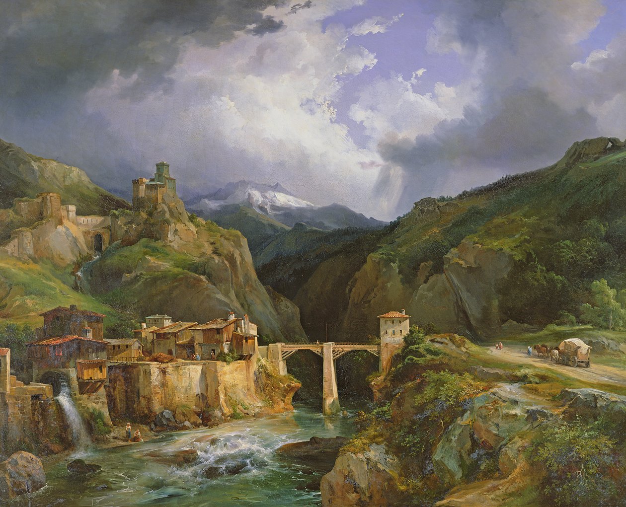 Village and Bridge of Crevola på veien fra Simplon til Domodossola, 1832 av Jean Charles Joseph Rémond