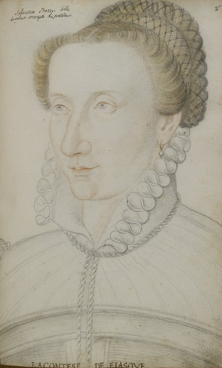 Alphonsine Strozzi (rygg, rødt og gult kritt på papir) av Jean Clouet