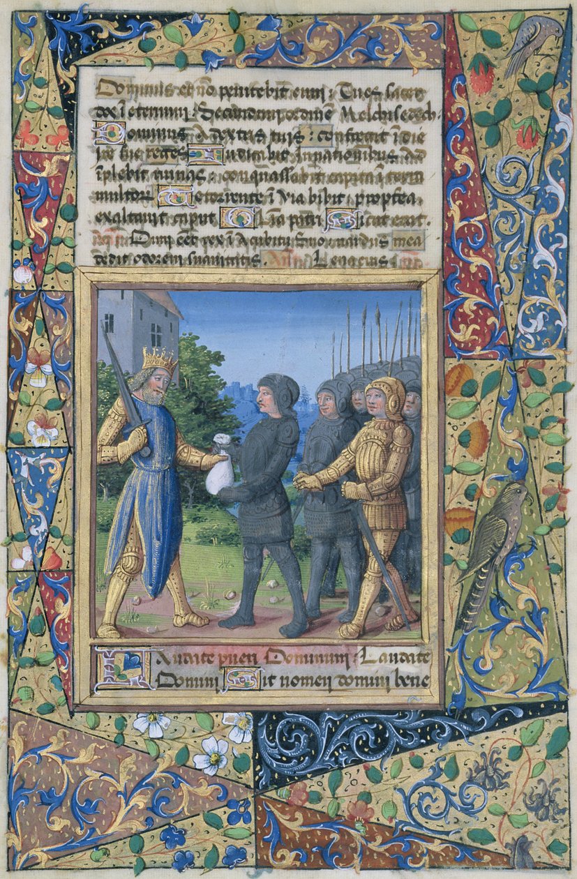 Ms Lat. QvI126 f.37 Kong Salomos undersåtter som bringer hyllest, fra 'Time Book of Hours of Louis d'Orleans', 1490 av Jean Colombe