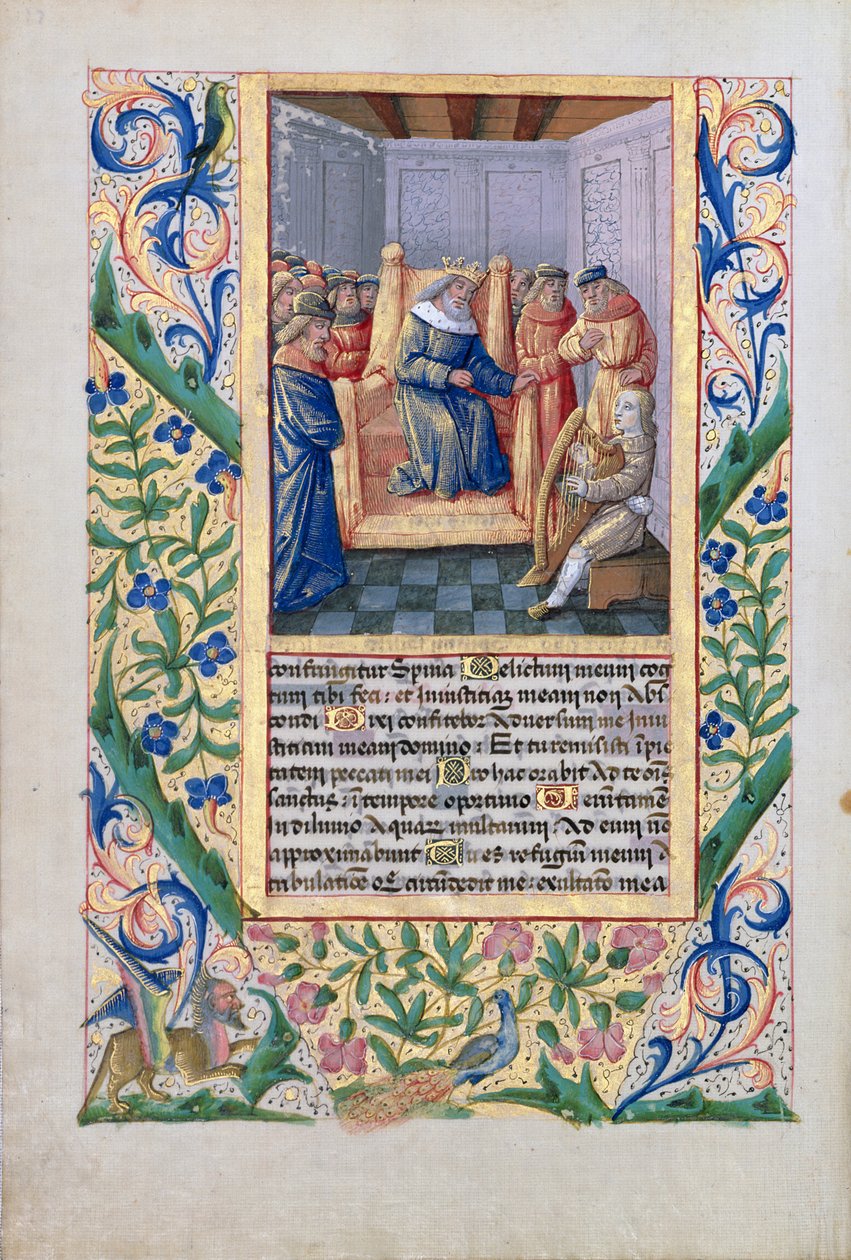 Ms Lat. Q.v.I.126 f.54v Saul lytter til David spille harpe, fra 
