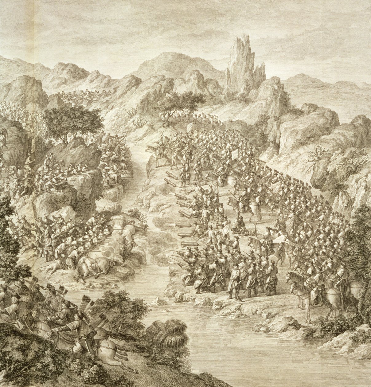 Det første slaget mellom den kinesiske hæren og eleuthene i 1759, detalj om kampene over elven, plate 10 fra en serie trykk som representerer erobringene av Qianlong, keiseren av av Jean Damascene