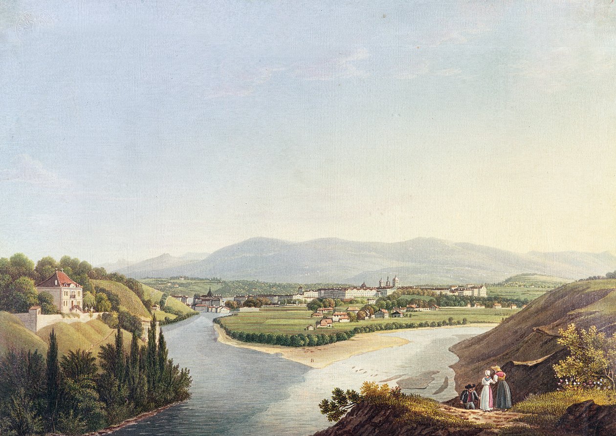 Utsikt over Genève fra sammenløpet av Rhône og Arve, gravert av Friedrich Salathe (1793-1860) av Jean Dubois