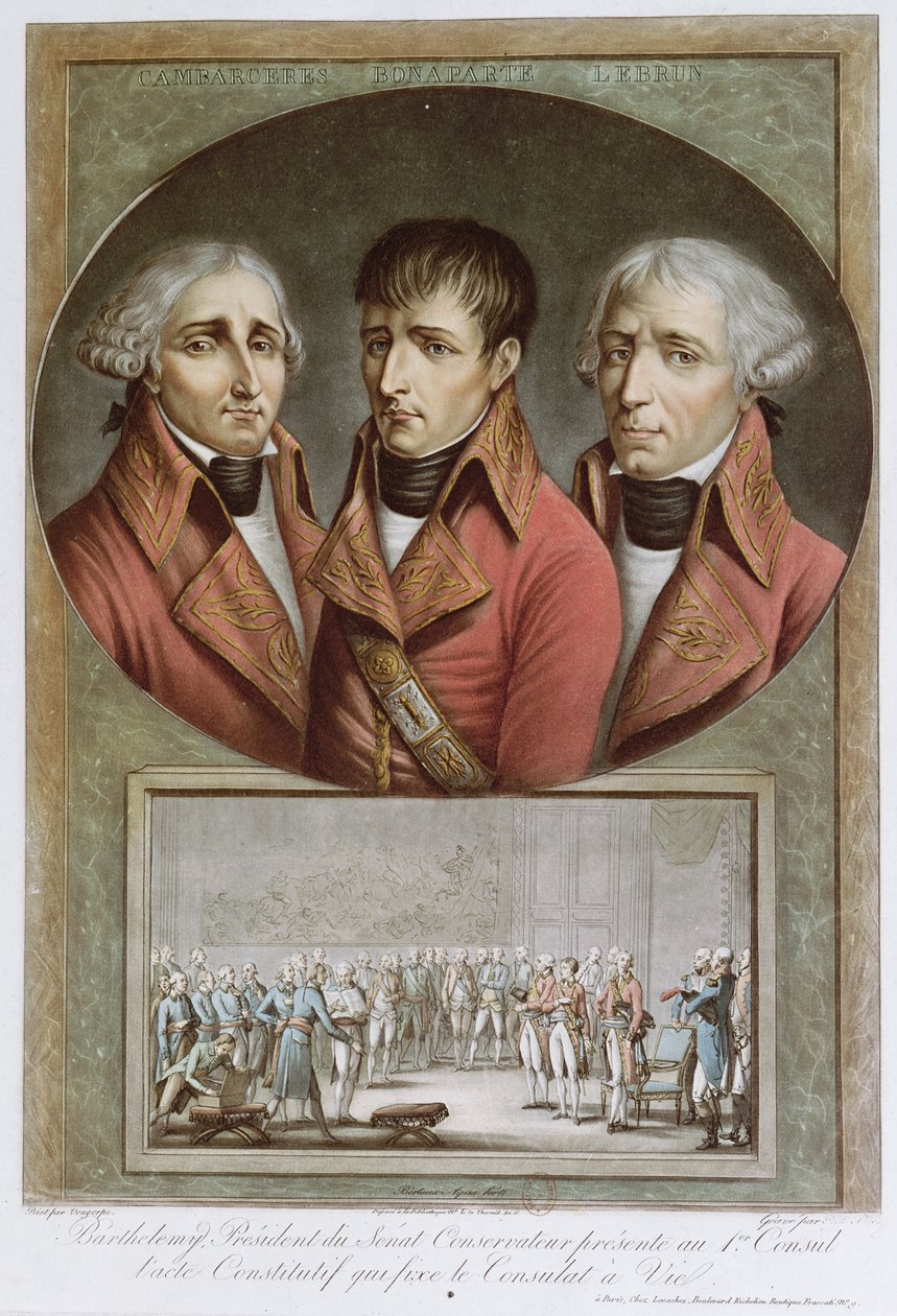 Portrett av de tre konsulene i republikken og Barthelemy presenterer den konstitusjonelle loven som proklamerer Napoleon I som keiser for livet til premierkonsulen, 2. august 1802, gravert av Charles Fra av Jean Duplessi Bertaux