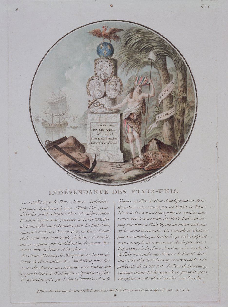 Uavhengighet av USA, gravert av L. Roger, 1786 (farget lito) av Jean Duplessis Bertaux