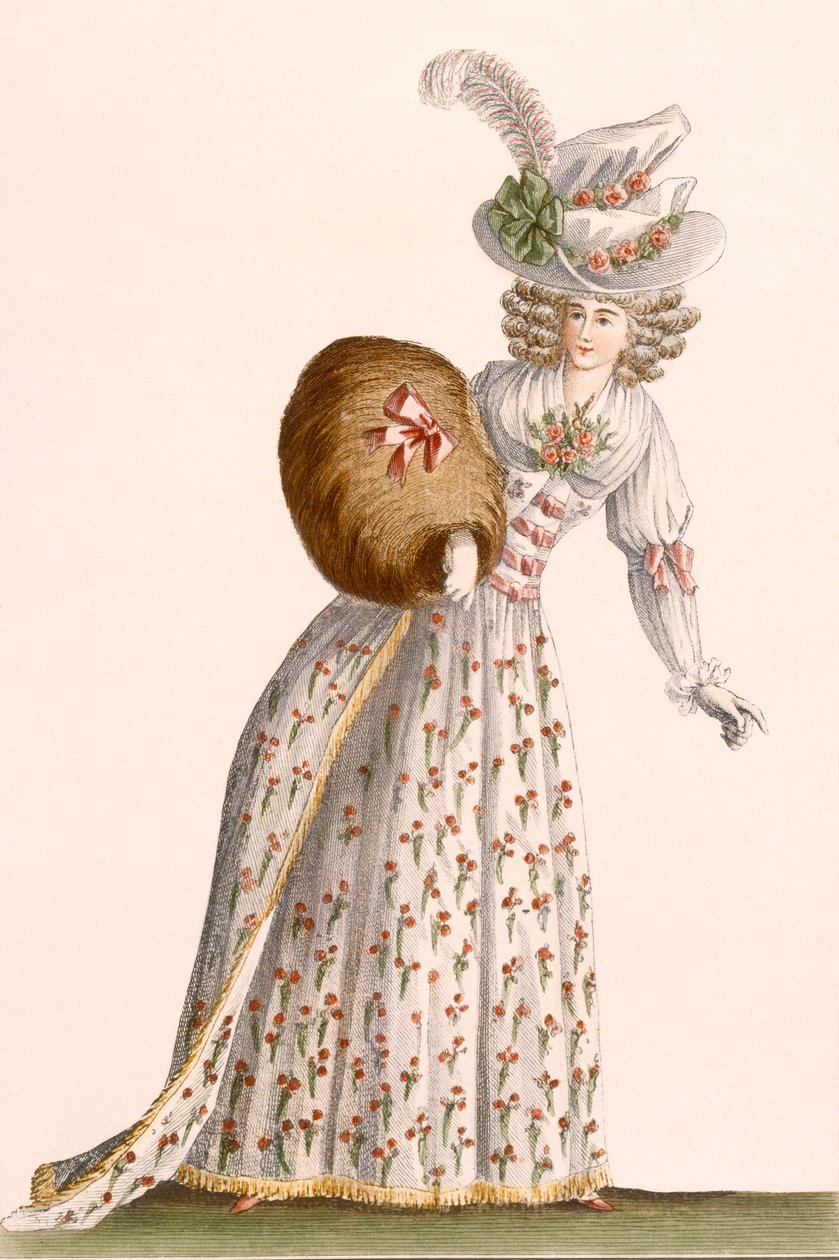 Damekjole brodert med små blomster, fra 'Galeries des Modes et Costumes Francais', c.1778-87 99:clothing; tradisjonell kjole; tradisjonelle kostymer; mote; illustrasjon; c av Jean Florent Defraine