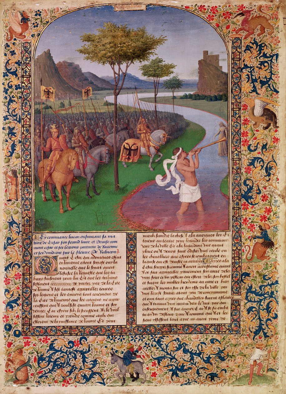 Julius Caesar (100-44 f.Kr.) Krysser Rubicon, ca. 1470 (detaljer) av Jean Fouquet