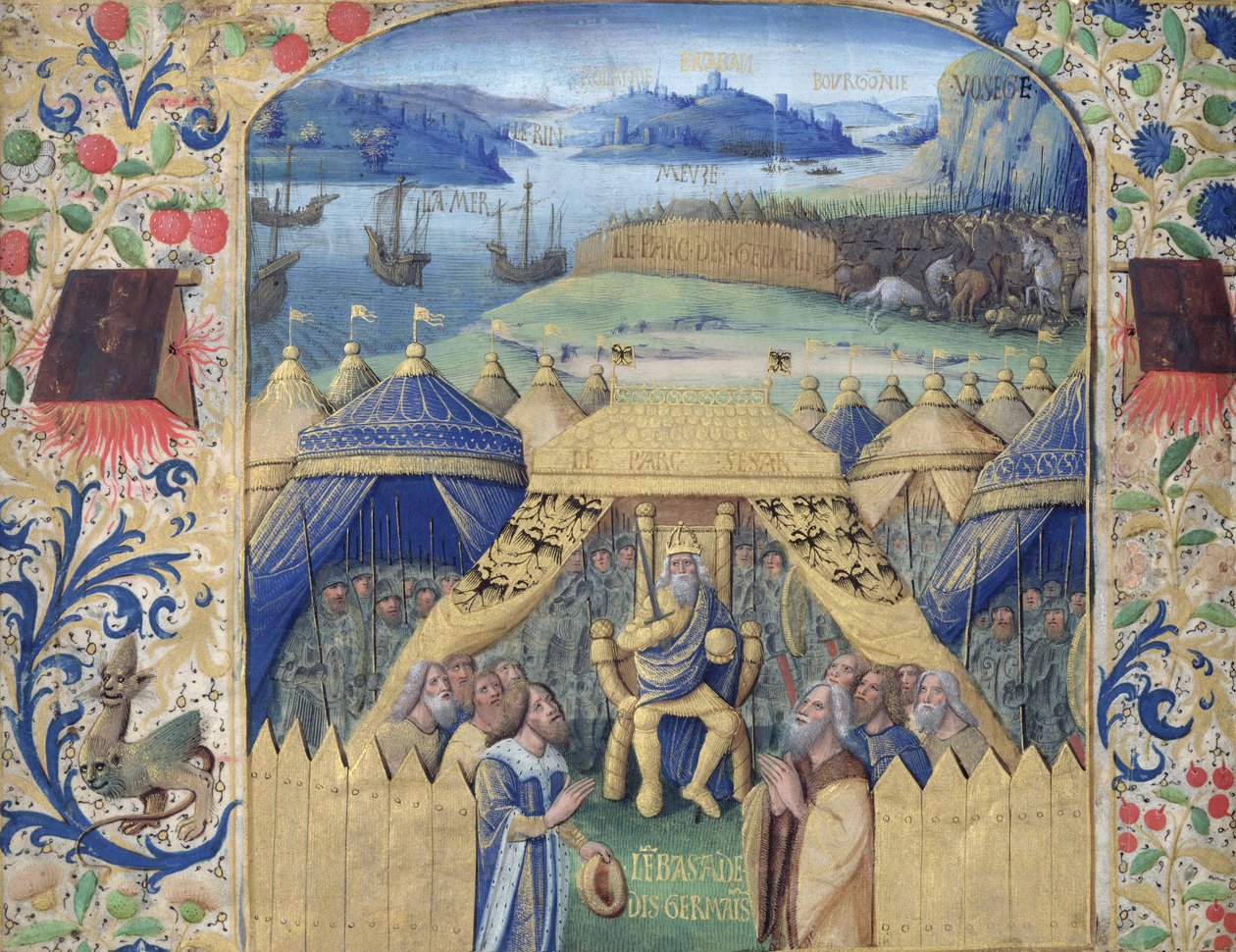 Julius Caesar (100-44 f.Kr.) Mottok den germanske ambassadøren, ca. 1450 av Jean Fouquet