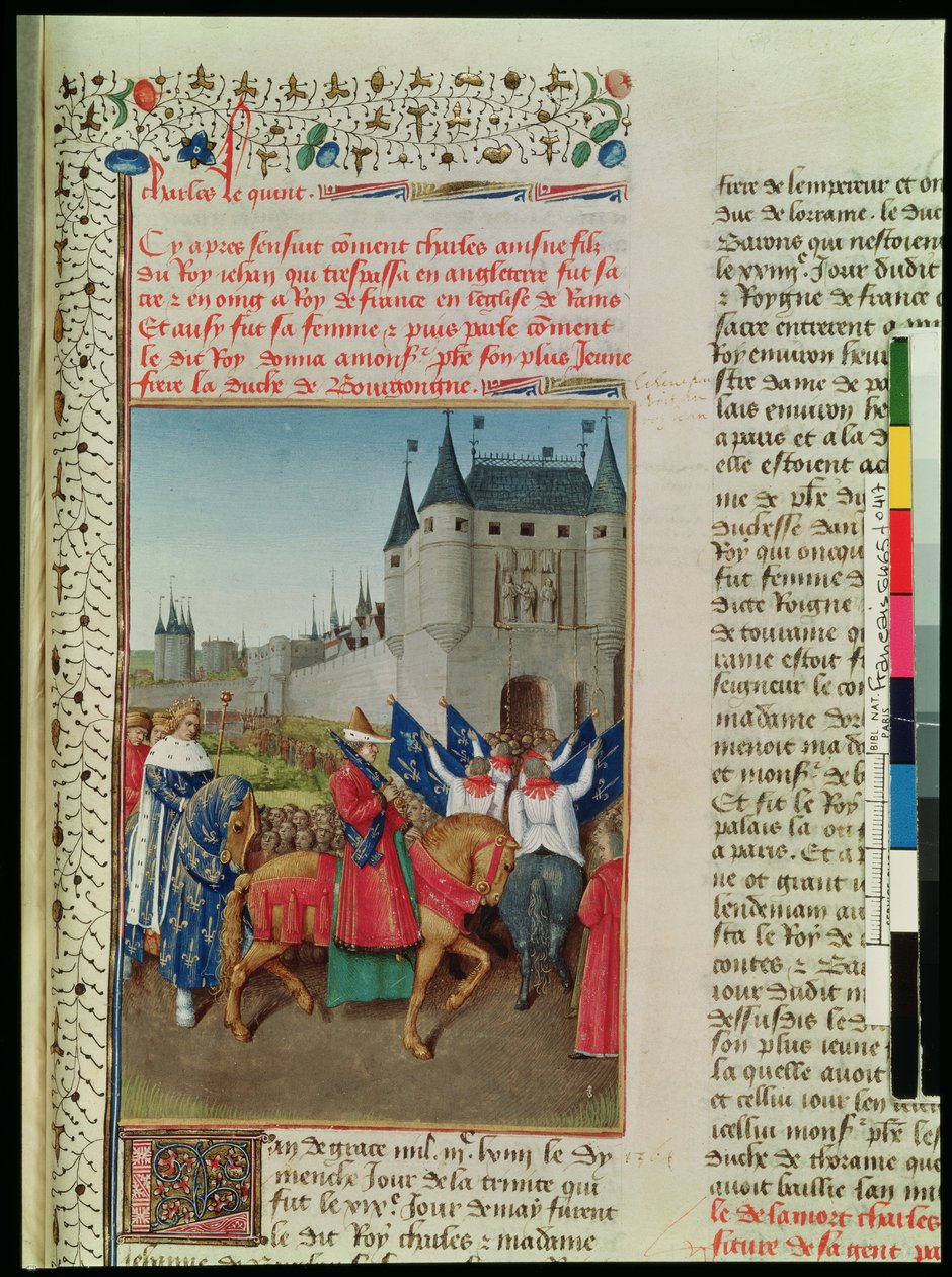 Ms 6465 f.417 The Ankomst av Charles V (1337-80) i Paris, 28. mai 1364, ca. 1460 av Jean Fouquet