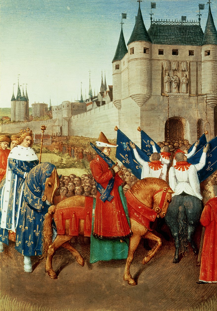 Ms 6465 f.417 The Ankomst av Charles V (1337-80) i Paris, 28. mai 1364, ca. 1460 av Jean Fouquet