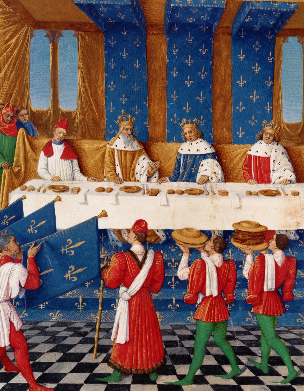 Ms 6465 fol.444v Bankett gitt av Charles V (1338-80) til ære for sin onkel keiser Charles IV (1316-78) i 1378, fra Grandes Chroniques de France av Jean Fouquet