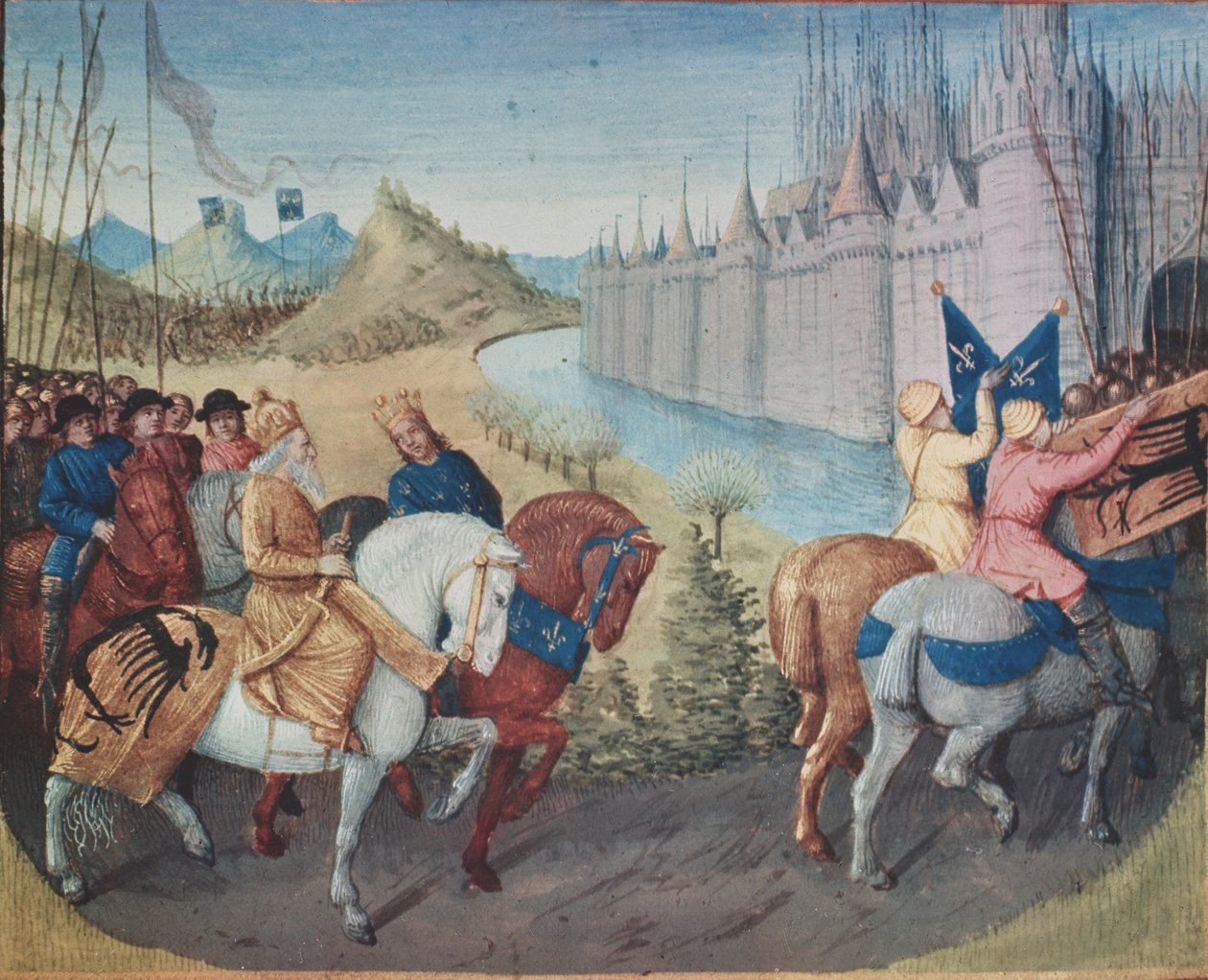 Fru Fr. 6465 fol.202 Innreise av Ludvig VII (ca. 1120-80) Konge av Frankrike og Konrad III (1093-1152) Konge av Tyskland i Konstantinopel under korstogene, 1147-49 (se også 38992) av Jean Fouquet