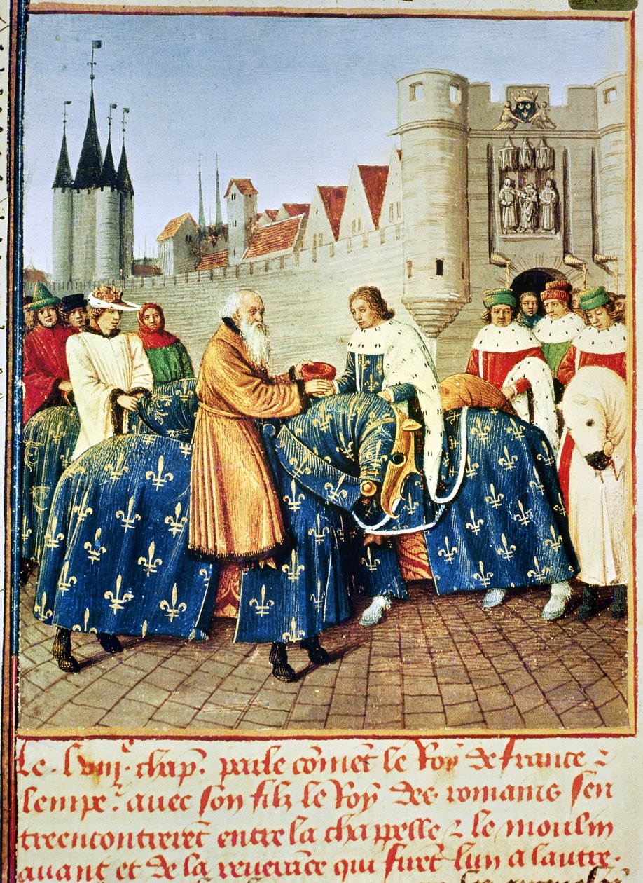 Fr 6465 fol.444 Charles V (1338-80) mottok keiser Charles IV (1316-78) ved Porte du Temple i Paris, januar 1378, fra 