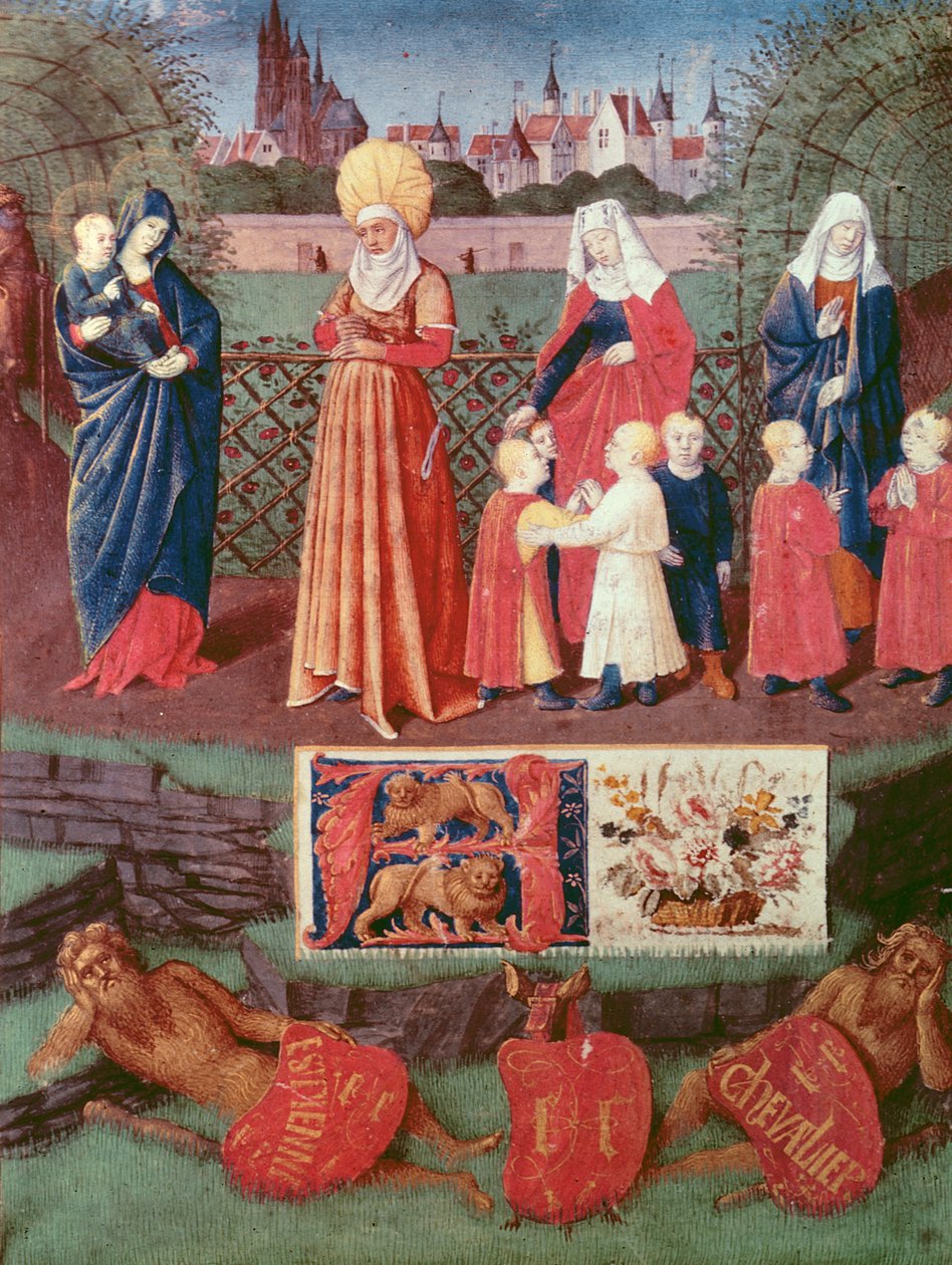 Nouv Acq Lat 1416 f.121r St. Anne med tre gifte kvinner, fra 'Heures d'Etienne Chevalier', ca. 1445 av Jean Fouquet