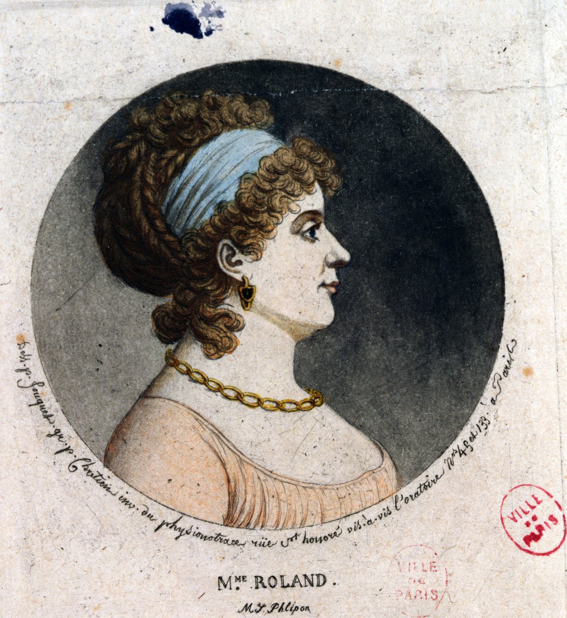 Portrett av Madame Roland (1754-93) laget etter fysionotrace-metoden (fargegravering) av Jean Fouquet