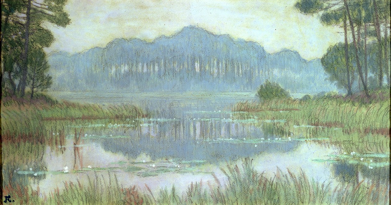Landskap med gjengrodd dam, ca. 1900 (blyant og wc på papir) av Jean Francis Auburtin