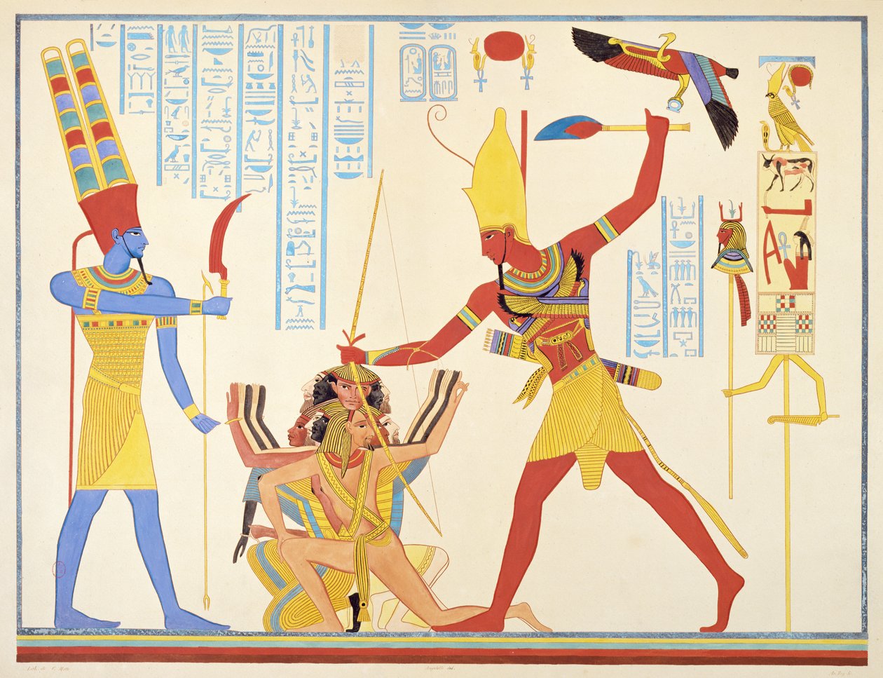 Guden Amun tilbyr et sigdvåpen til farao Ramesses III mens han slår to fangede fiender, 1835-45 av Jean Francois Champollion