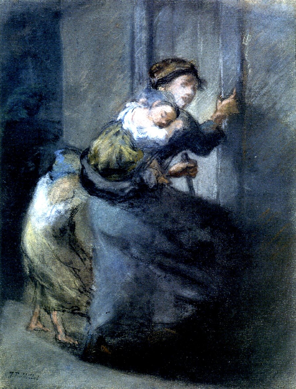 En mor på flukt med to barn (pastell på papir) av Jean Francois I Millet