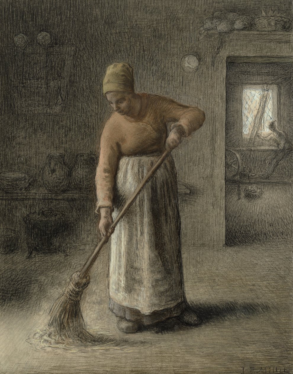En bondekone feiende, 1867 (pastell på brunt papir) av Jean Francois Millet