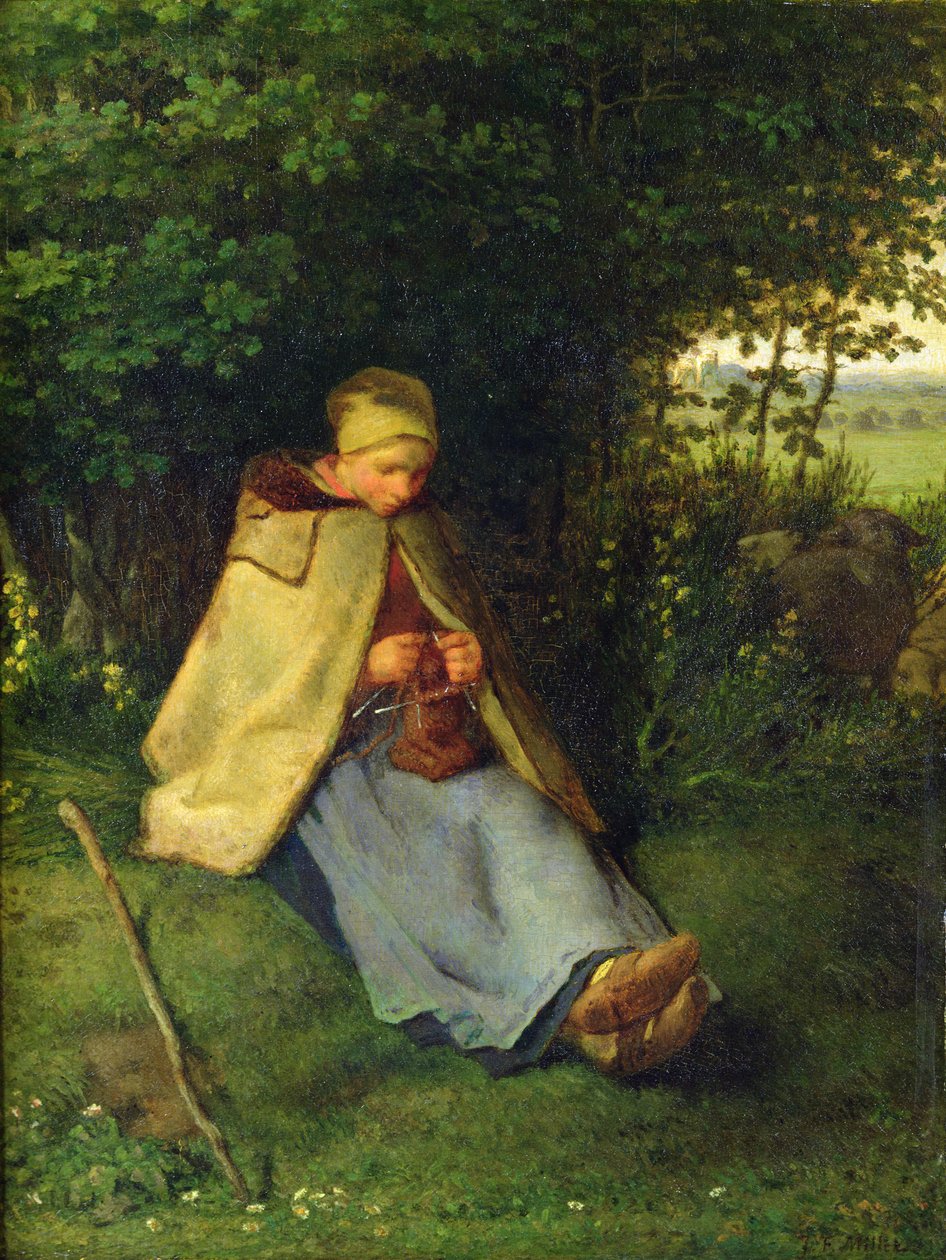 En strikker eller en sittende hyrdestrikking, 1858-60 av Jean Francois Millet