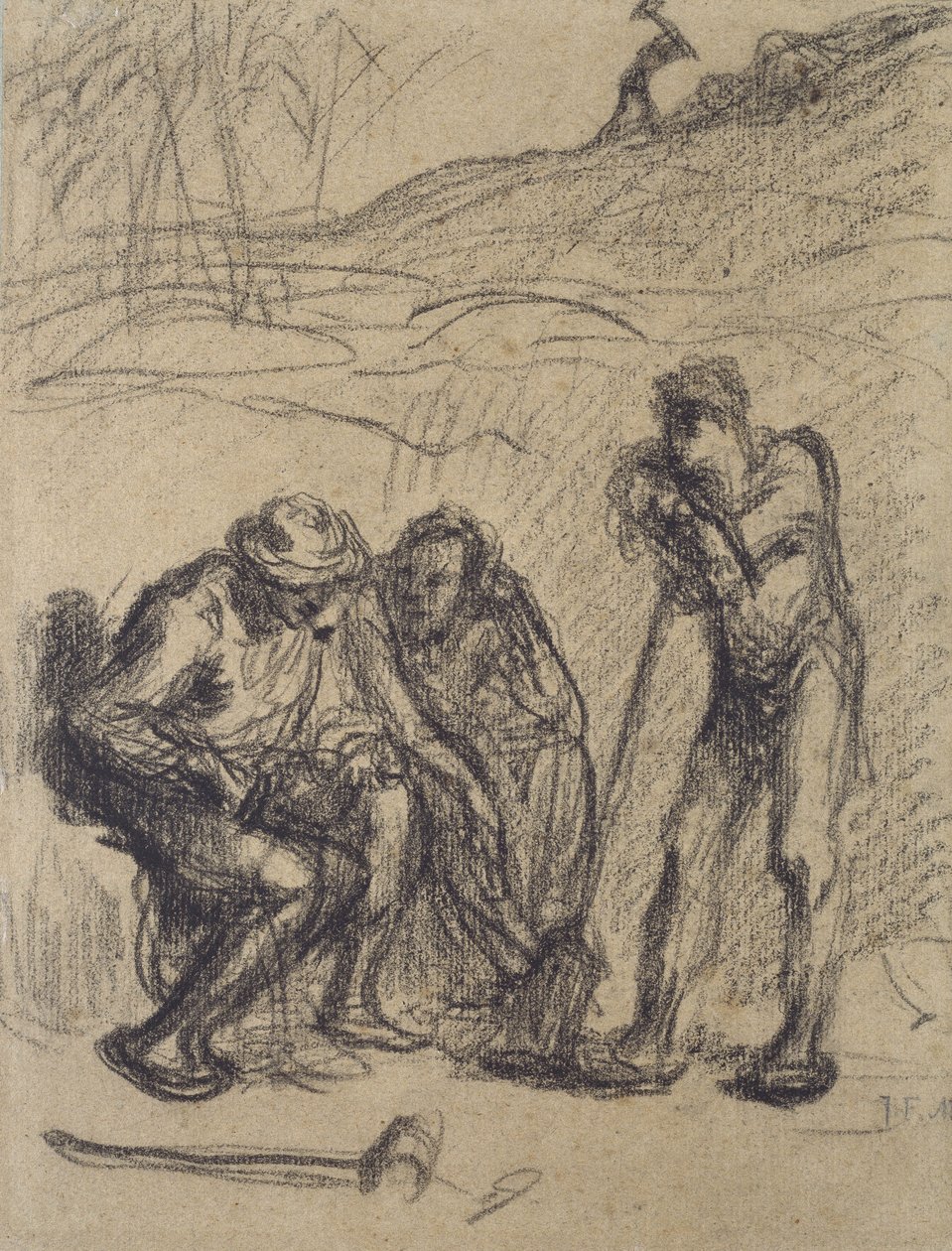 Tre bønder hviler, en lener seg på en spade (svart fargestift på papir) av Jean Francois Millet