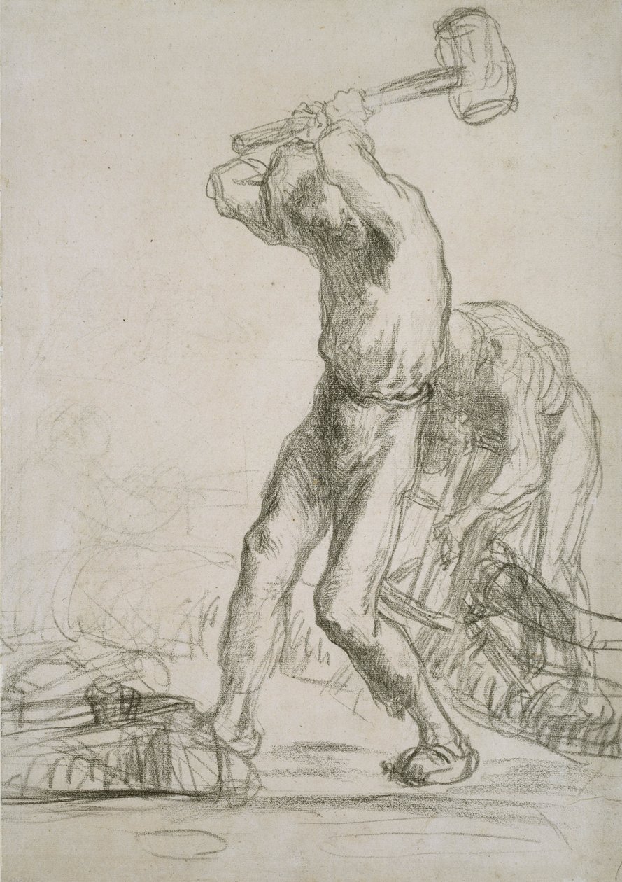 To bønder som sager og kløyver tre (svart kritt på papir) av Jean Francois Millet