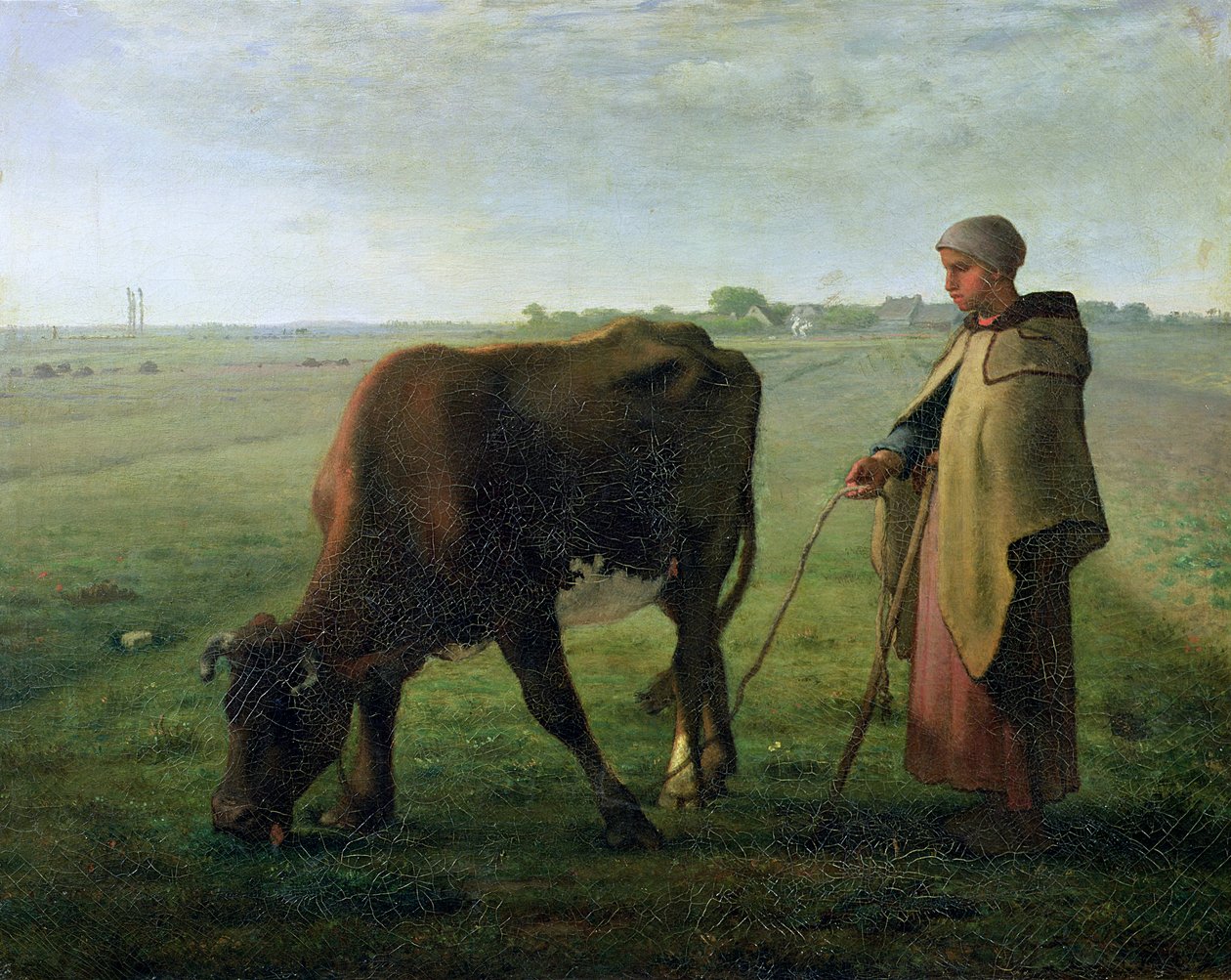 Kvinne som beiter kua hennes, 1858 av Jean Francois Millet