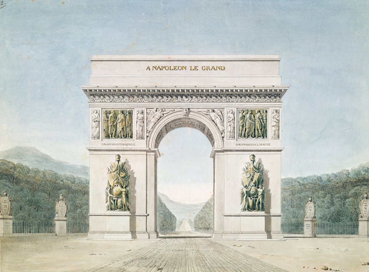 Design for Triumfbuen med en skogkledd bakgrunn av Jean Francois Therese Chalgrin
