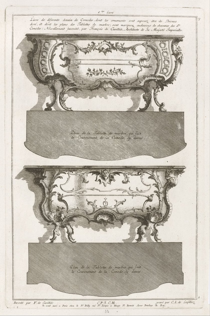 To forskjellige design av Dressers av Jean François Cuvilliés