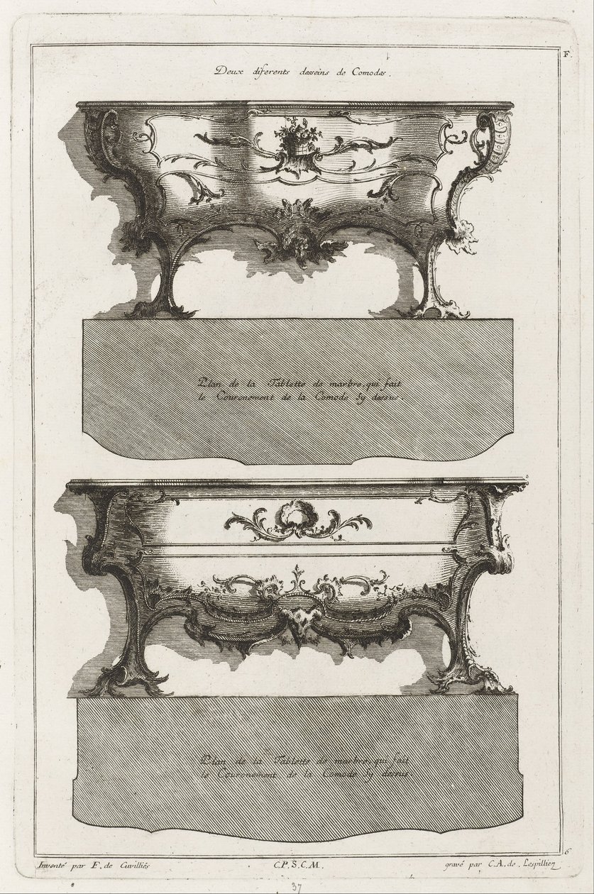 To forskjellige design av Dressers av Jean François Cuvilliés