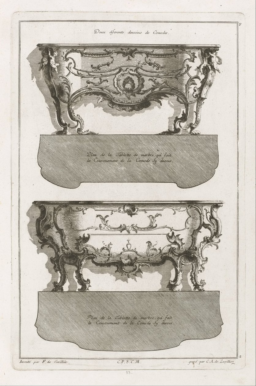 To forskjellige design av Dressers av Jean François Cuvilliés