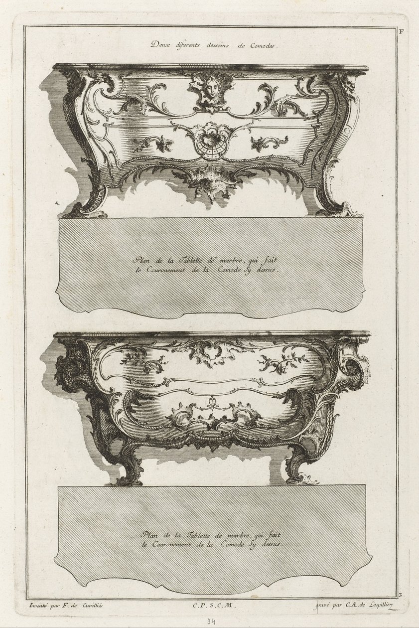 To forskjellige design av Dressers av Jean François Cuvilliés