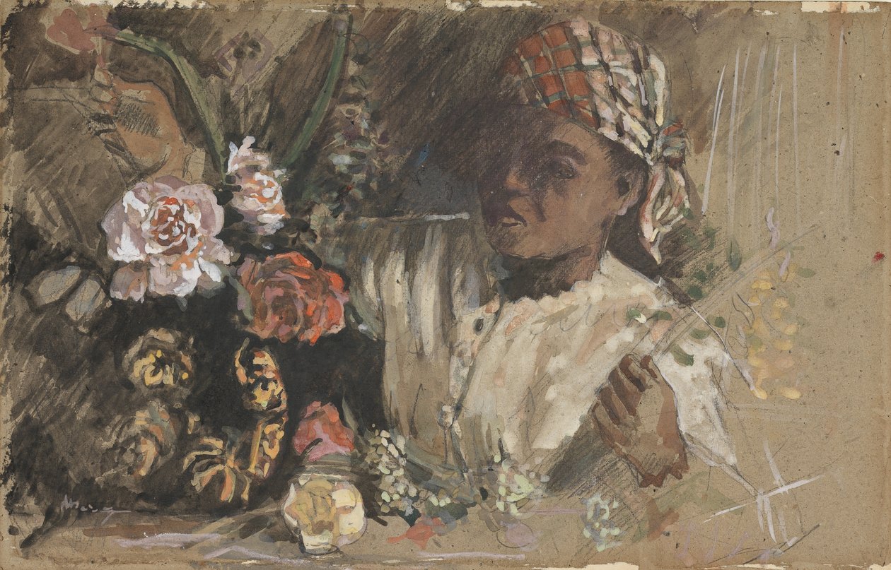 Svart kvinne med peoner, ca. 1870 (wc, gouache, kritt og grafitt på kort) av Jean Frederic Bazille